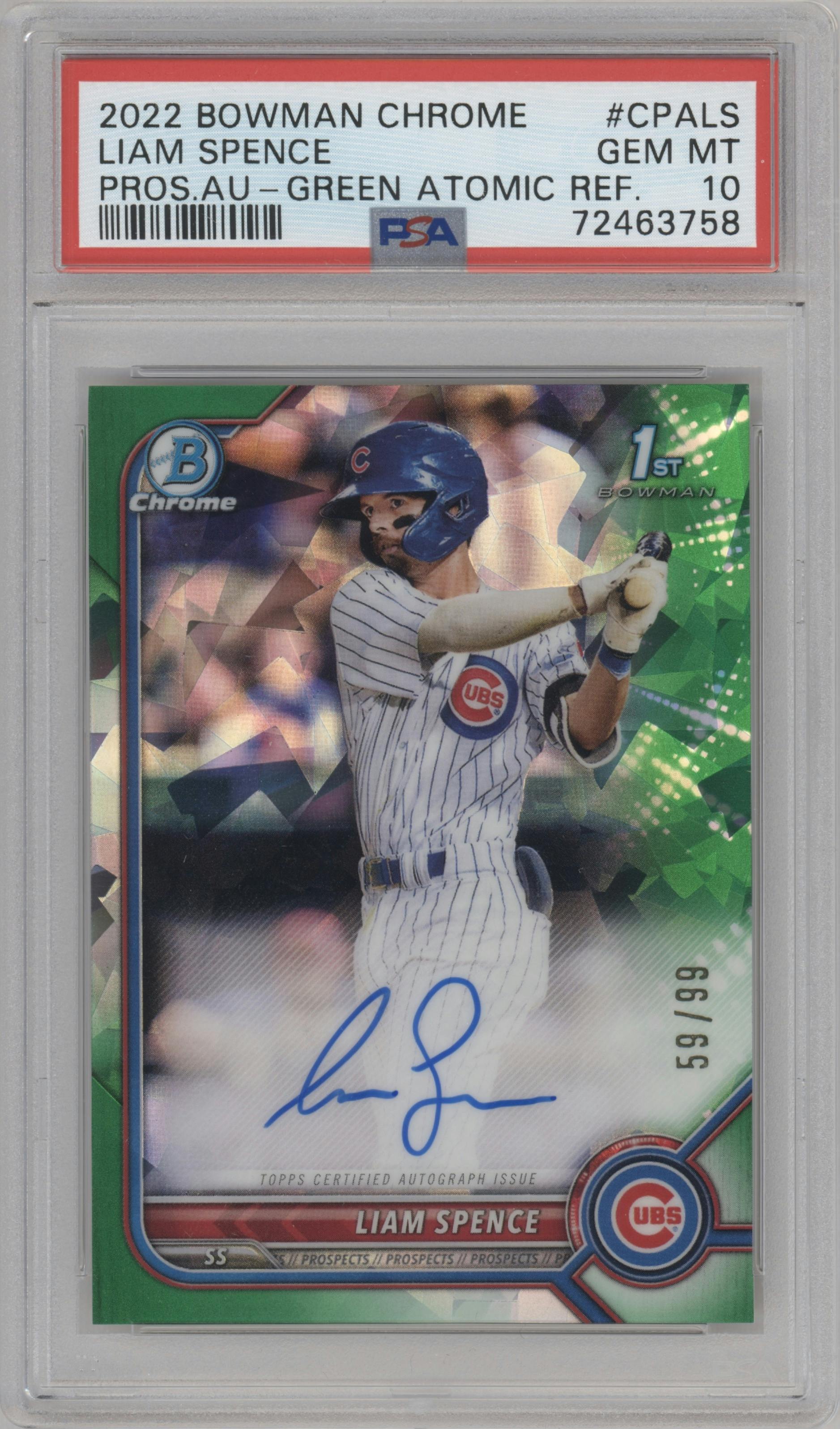 Liam Spence from the 2022 Bowman Chrome set featuring a Green Atomic Refractor parallel graded by PSA and given an overall grade of 10.