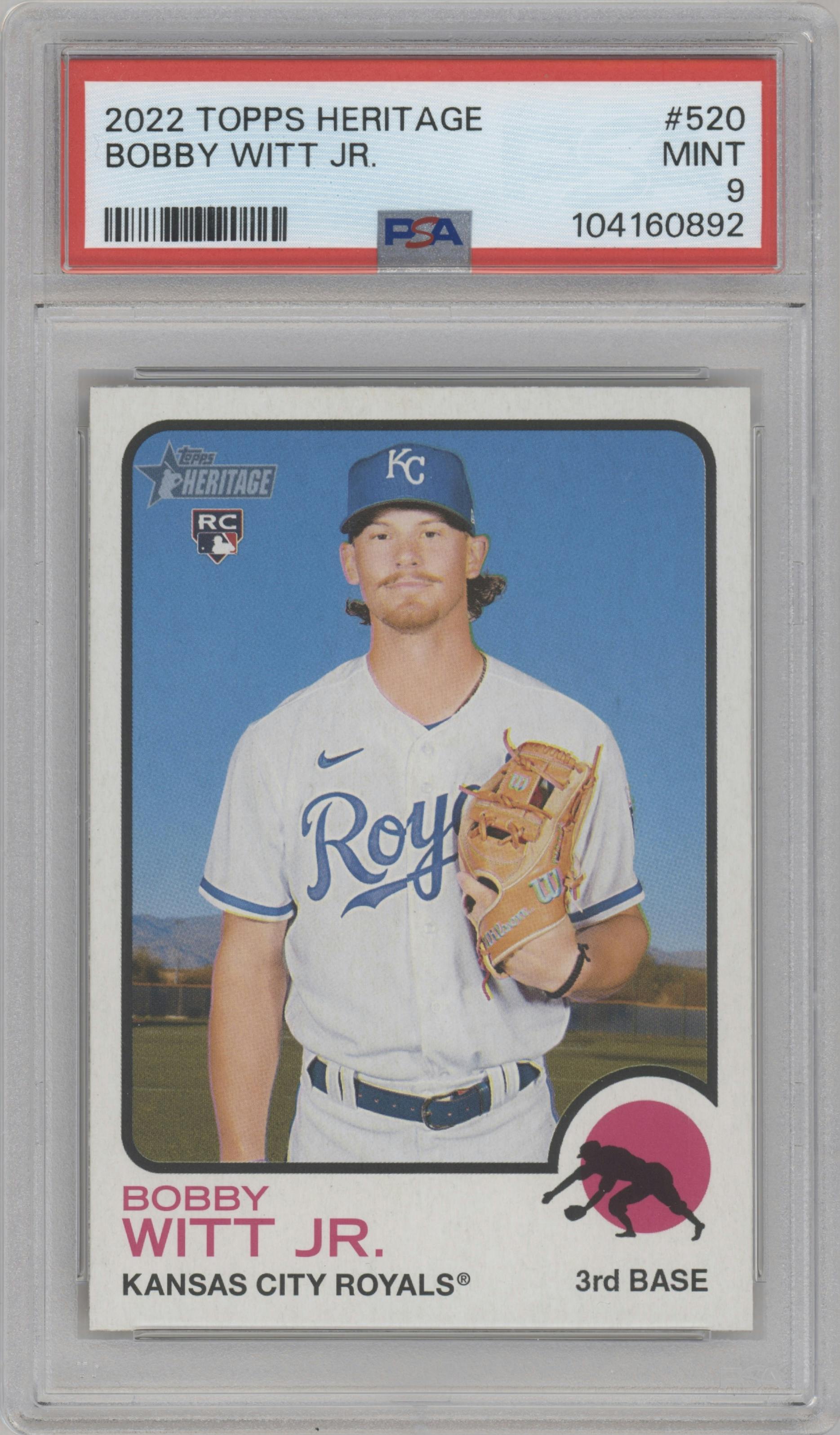 Bobby Witt Jr. from the 2022 Topps Heritage High Number set graded by PSA and given an overall grade of 9.