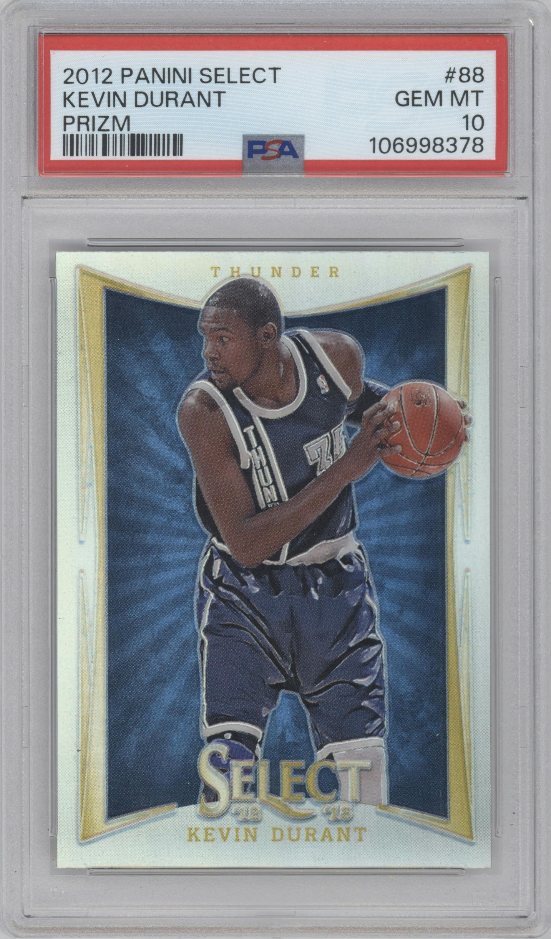 Kevin Durant from the 2012-13 Panini Select set featuring a Prizm parallel graded by PSA and given an overall grade of 10.