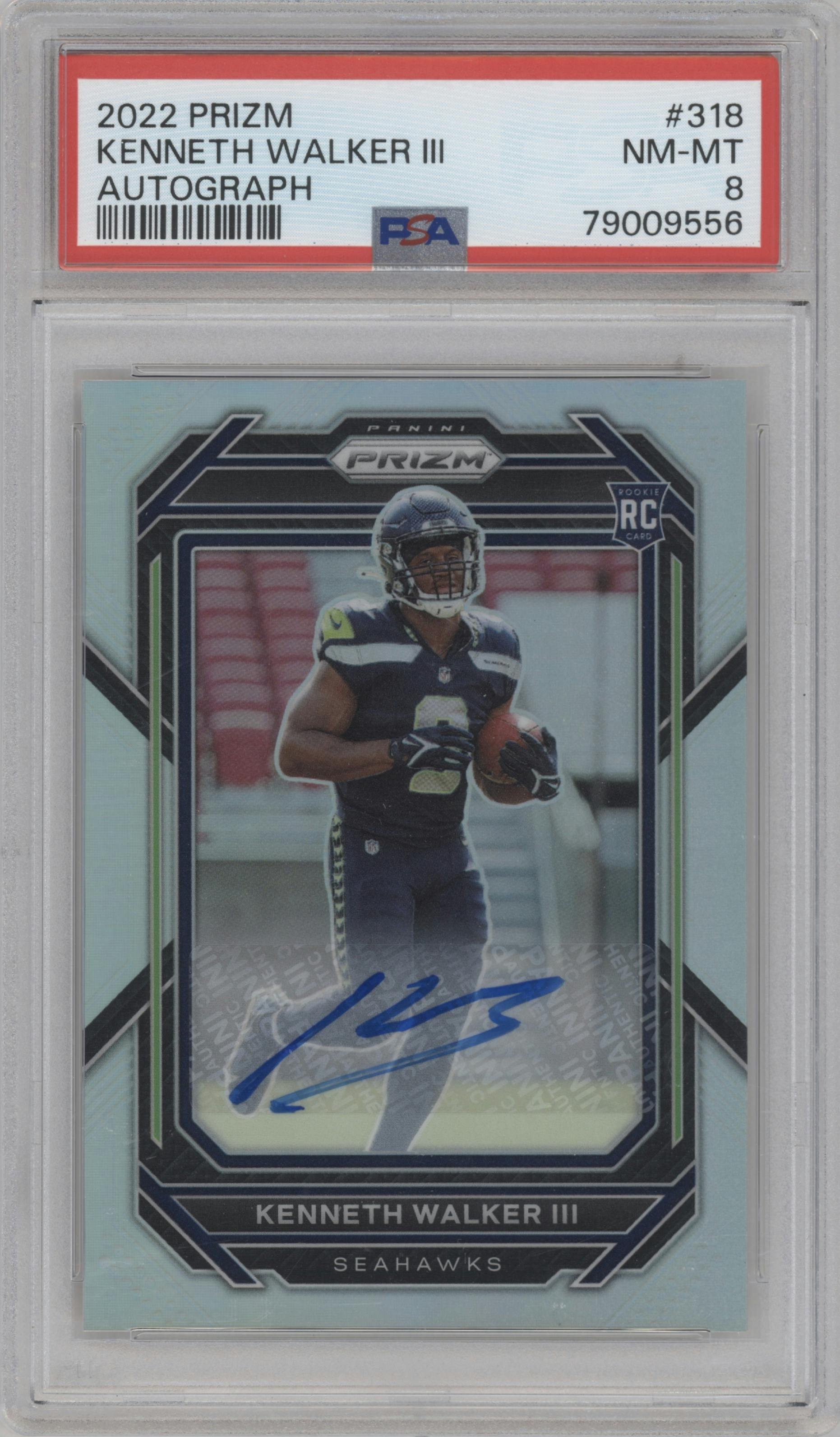 Kenneth Walker III  from the 2022 Panini Prizm set graded by PSA and given an overall grade of 8.