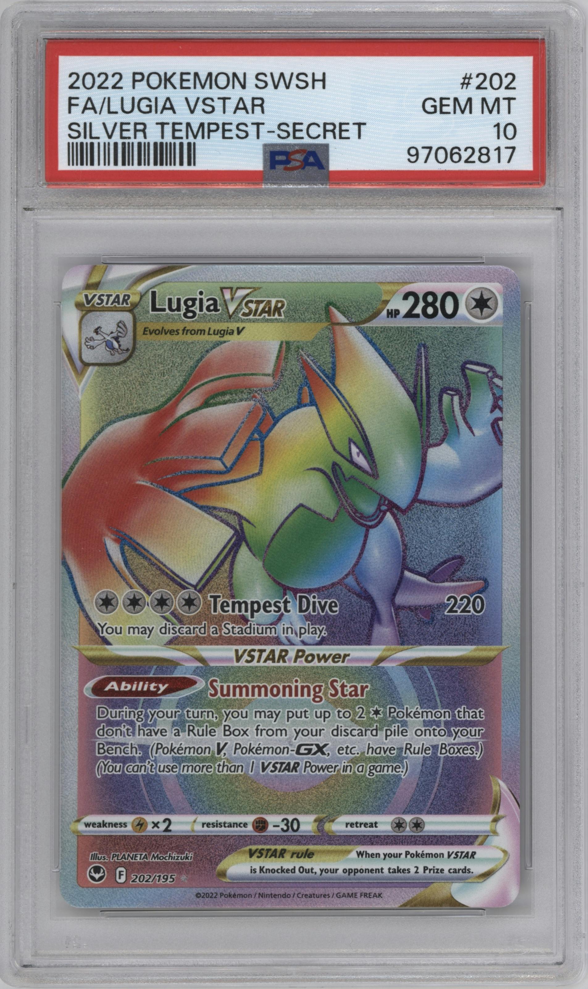 Lugia VSTAR from the 2022 Pokemon SWSH set graded by PSA and given an overall grade of 10.