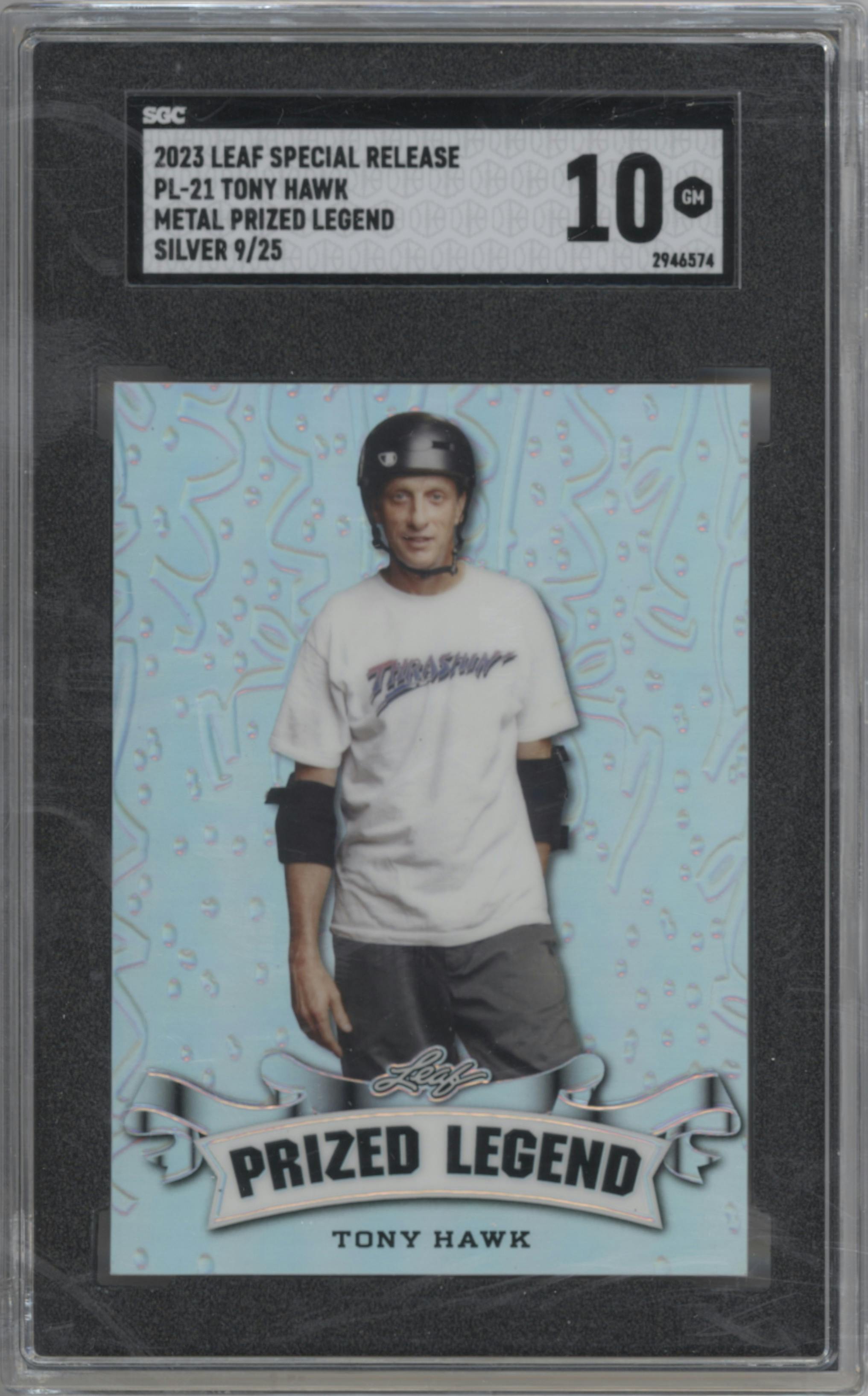 Tony Hawk from the 2023 Leaf Special Release set featuring a Silver parallel graded by SGC and given an overall grade of 10.