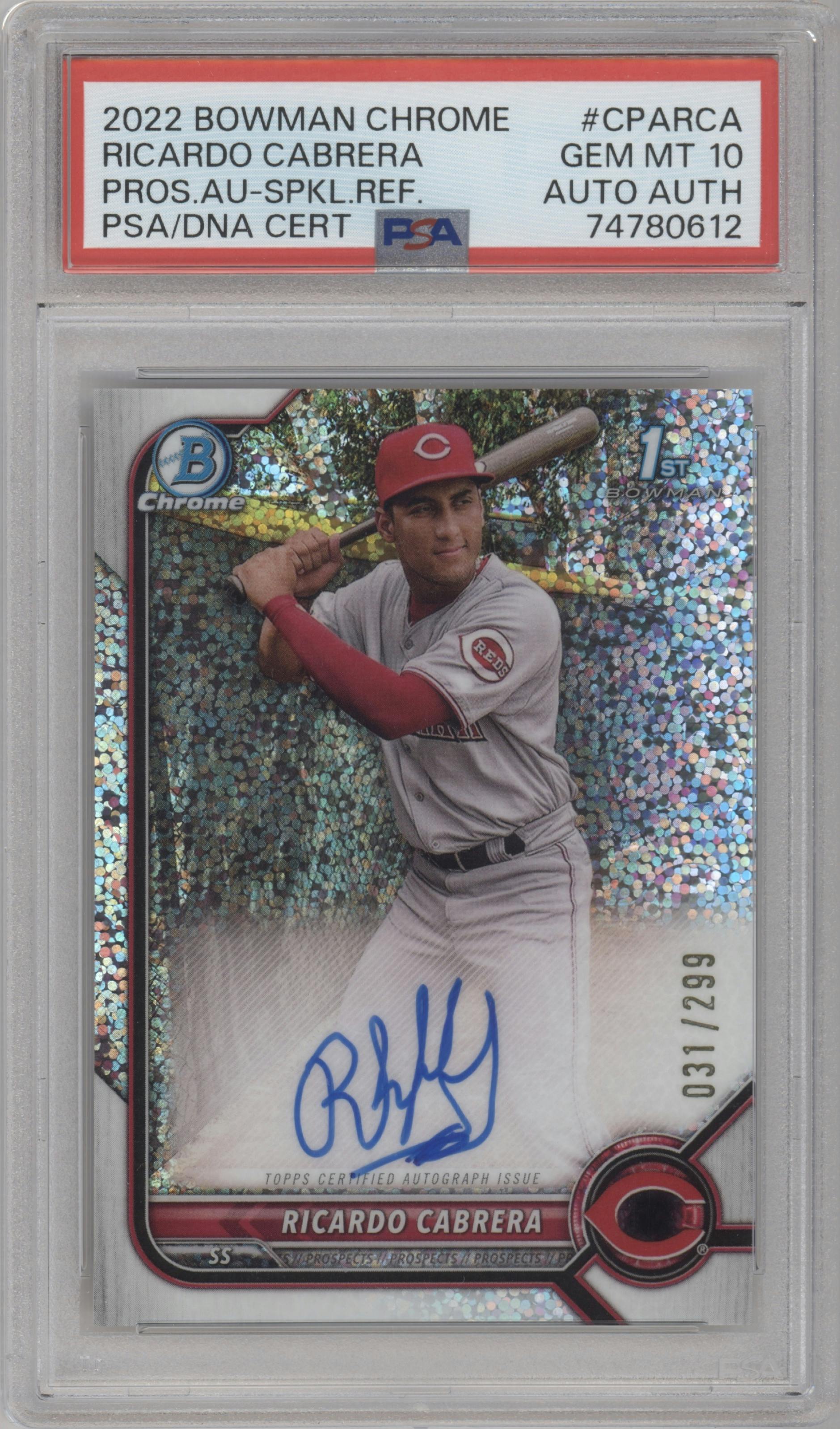 Ricardo Cabrera from the 2022 Bowman Chrome set featuring a Speckle Refractor parallel graded by PSA and given an overall grade of 10.