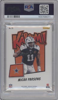 Micah Parsons from the 2024 Panini Absolute set featuring a Gold parallel graded by PSA and given an overall grade of 10.