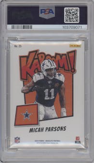 Micah Parsons from the 2024 Panini Absolute set featuring a Gold parallel graded by PSA and given an overall grade of 10.