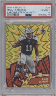 Micah Parsons from the 2024 Panini Absolute set featuring a Gold parallel graded by PSA and given an overall grade of 10.