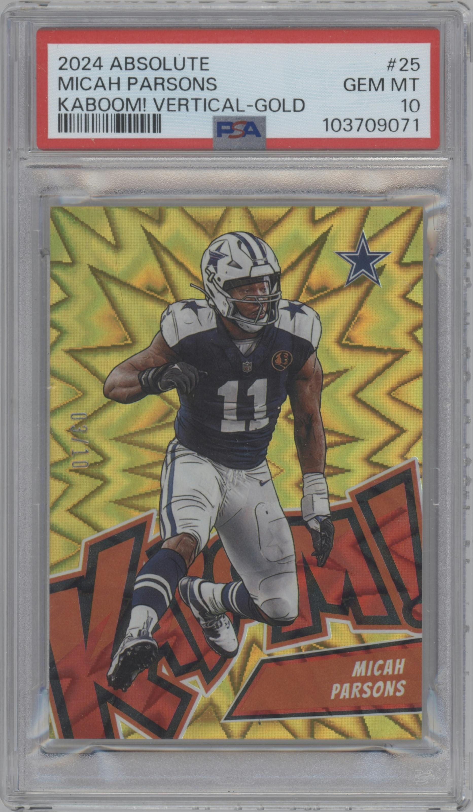 Micah Parsons from the 2024 Panini Absolute set featuring a Gold parallel graded by PSA and given an overall grade of 10.
