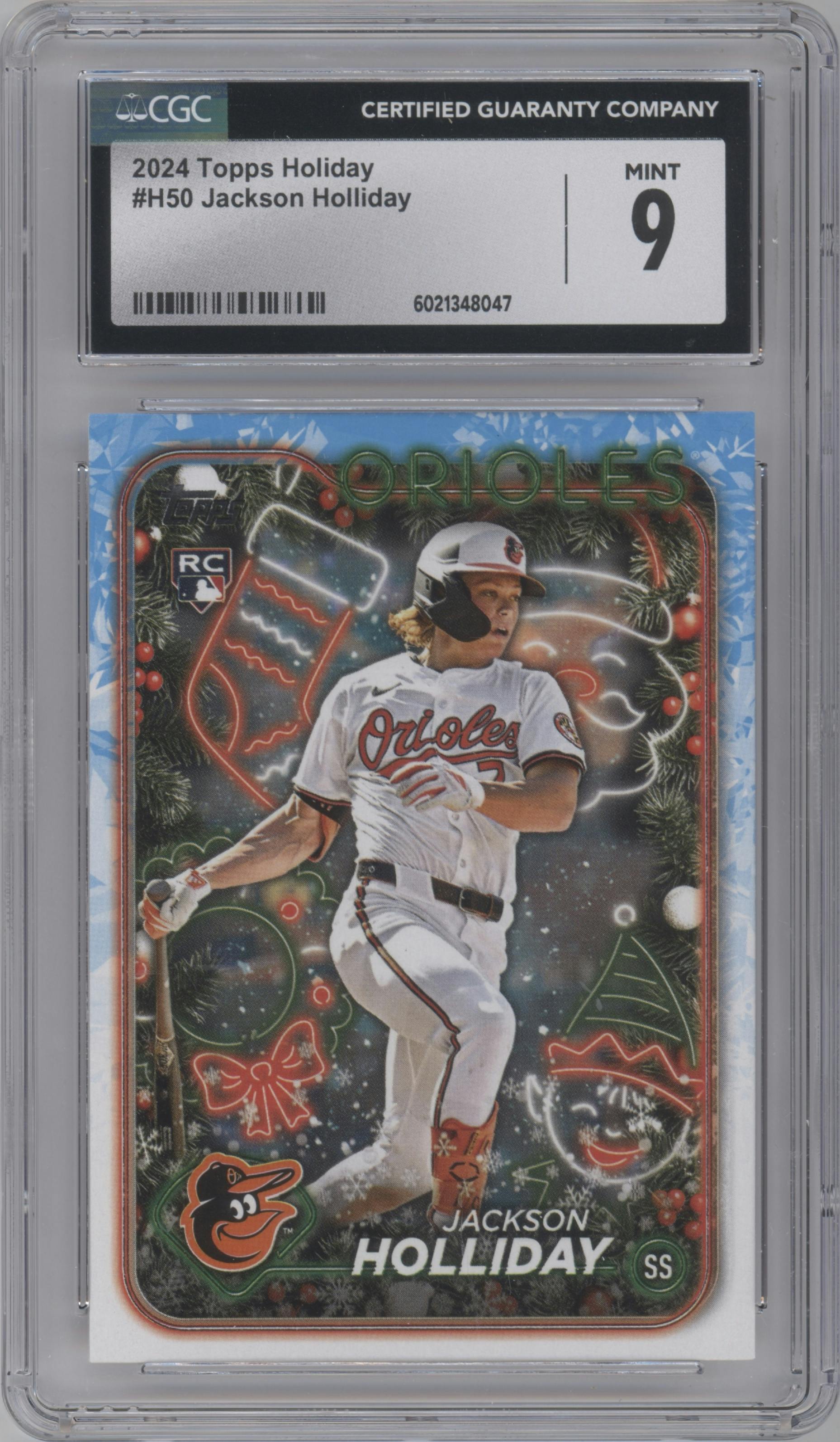 Jackson Holliday from the 2024 Topps Holiday set graded by CSG and given an overall grade of 9.