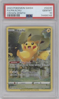 Pikachu from the 2023 Pokemon SWSH set graded by PSA and given an overall grade of 10.