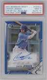 Carter Jensen from the 2021 Bowman Draft set featuring a Blue Refractor parallel graded by PSA and given an overall grade of 9.