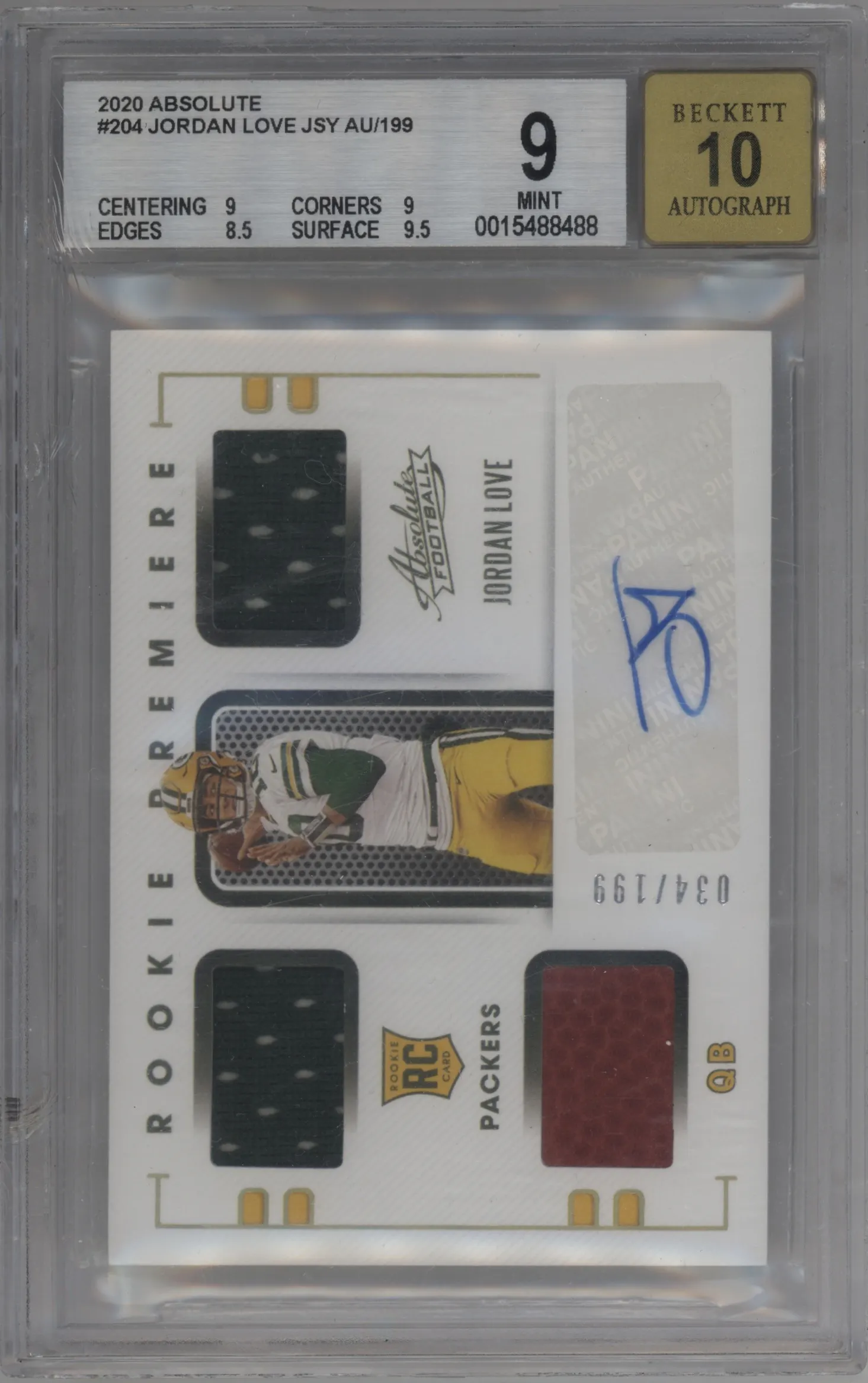 2020 Panini Absolute Rke.Prem.Mat.Auto Jordan Love #204 BGS 9