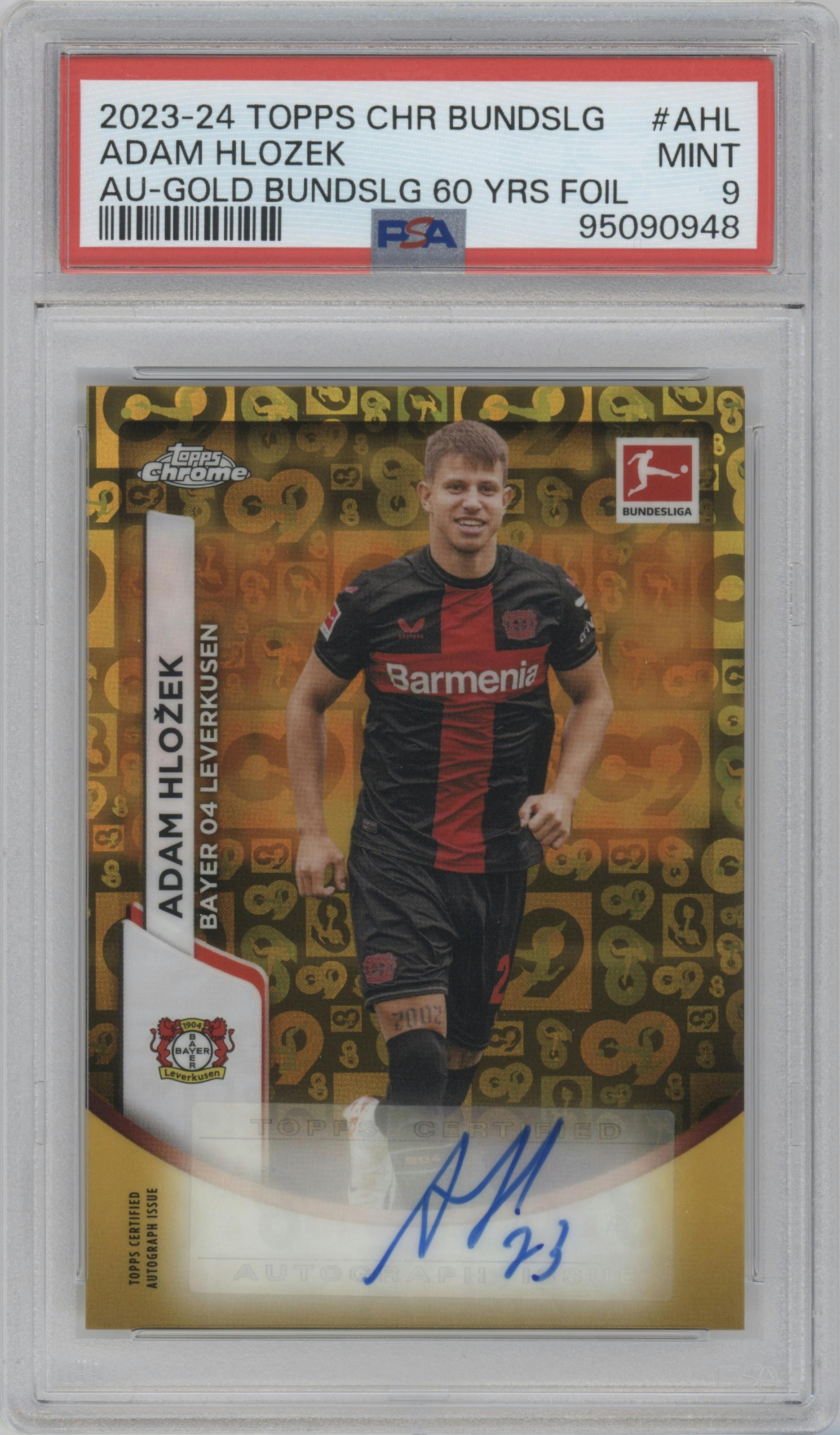 Adam Hlozek from the 2023-24 Topps Chrome Bundesliga set featuring a Gold Bundesliga 60 Years Foil parallel graded by PSA and given an overall grade of 9.
