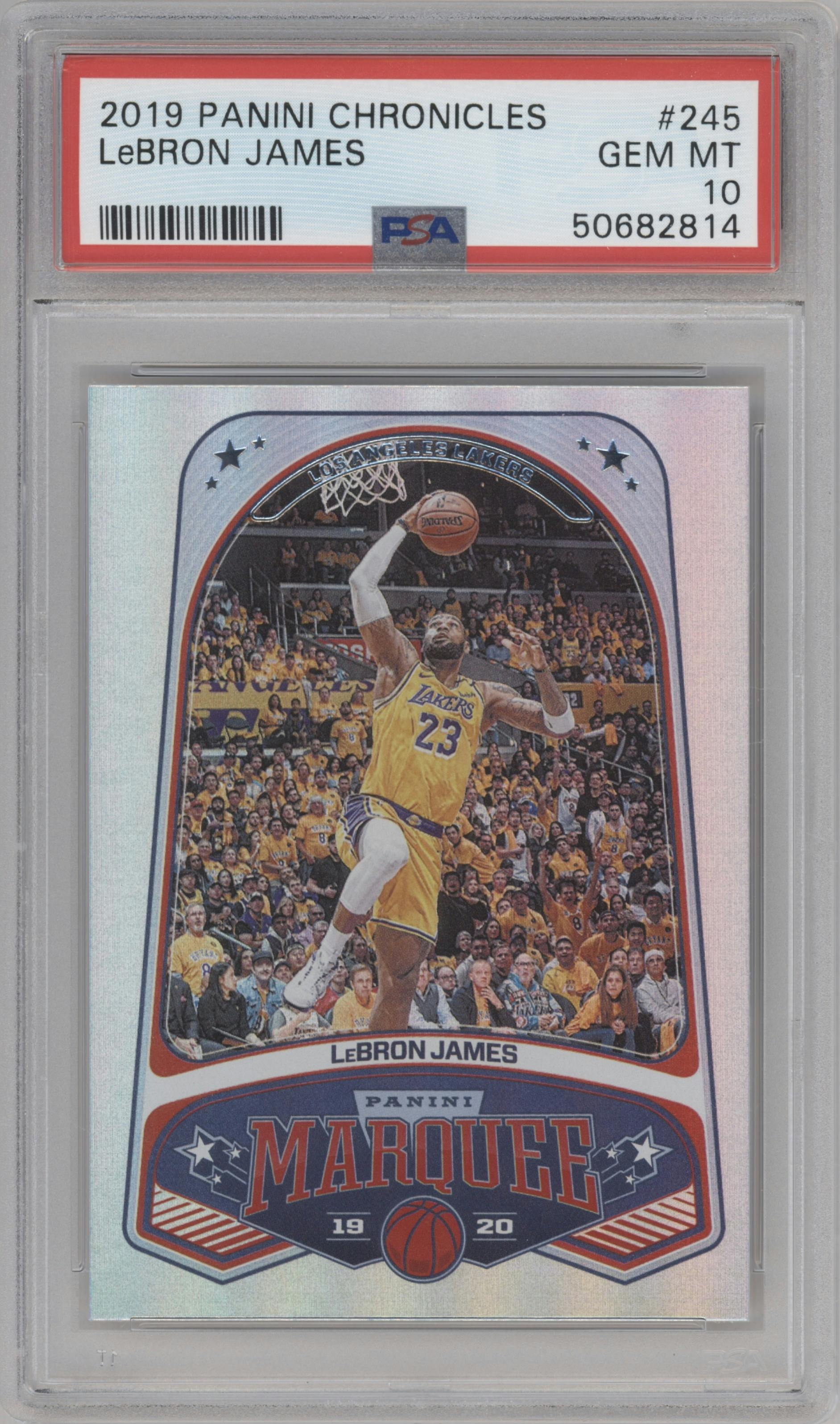 LeBron James from the 2019-20 Panini Chronicles  set graded by PSA and given an overall grade of 10.
