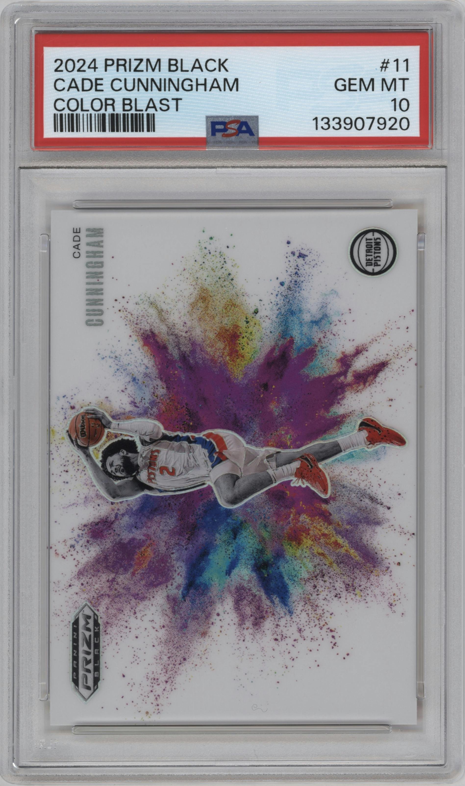 Cade Cunningham from the 2024-25 Panini Prizm Black set graded by PSA and given an overall grade of 10.