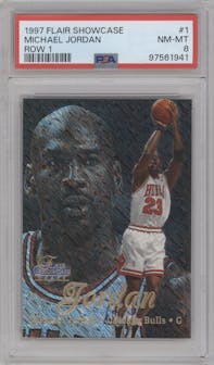 Michael Jordan from the 1997-98 Flair Showcase set graded by PSA and given an overall grade of 8.