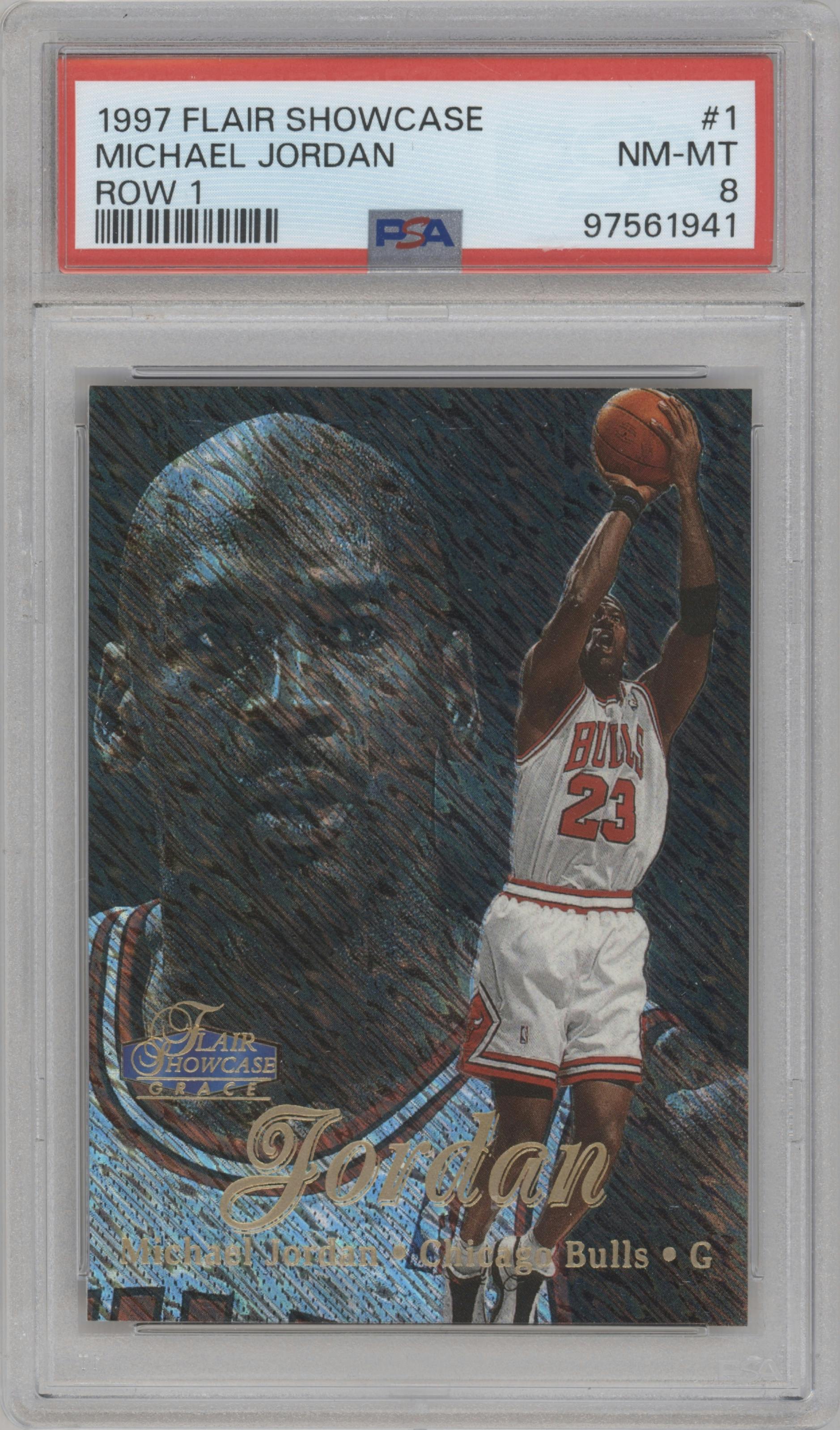 Michael Jordan from the 1997-98 Flair Showcase set graded by PSA and given an overall grade of 8.