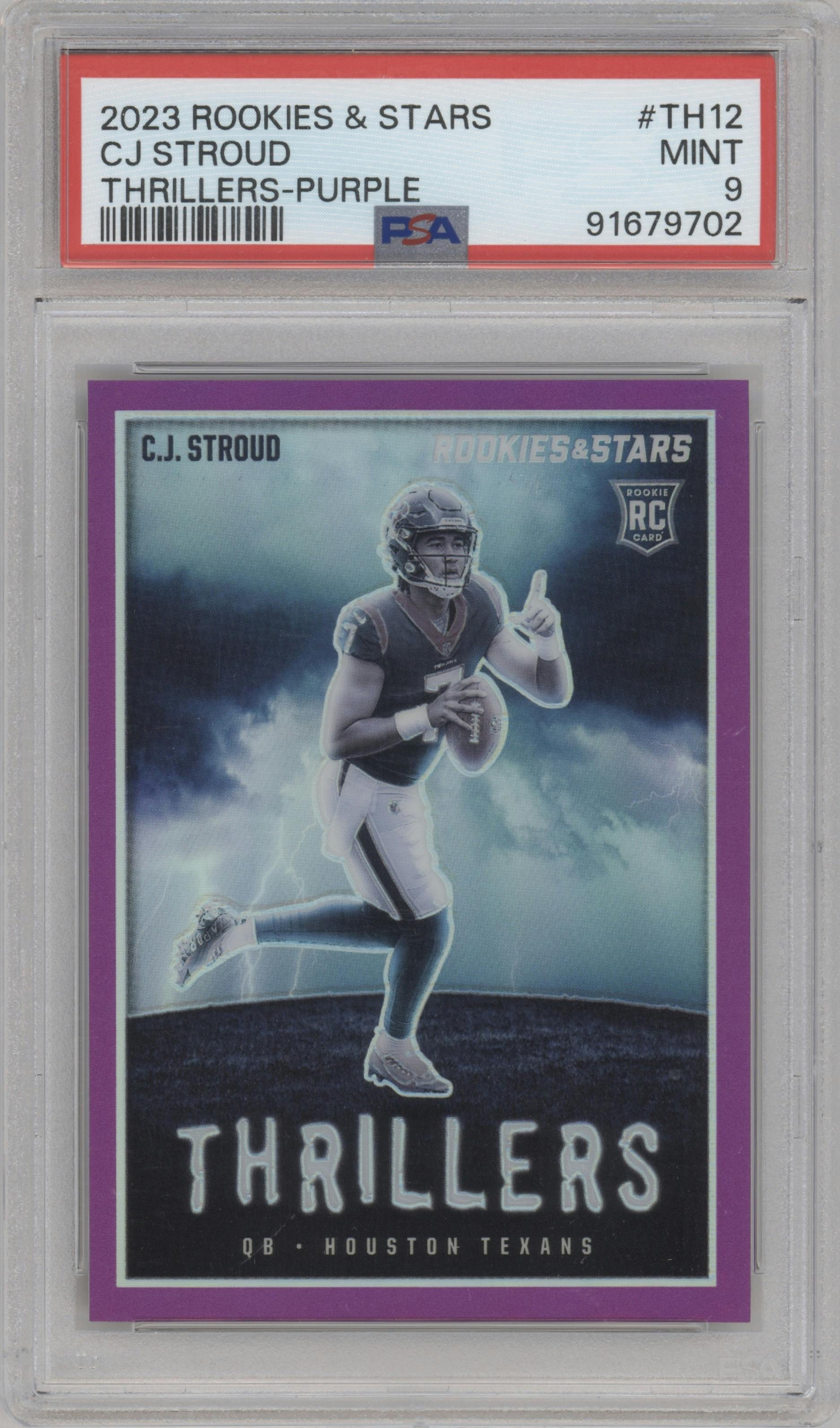 C.J. Stroud from the 2023 Panini Rookies & Stars set featuring a Purple parallel graded by PSA and given an overall grade of 9.