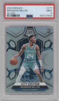 Brandon Miller from the 2023-24 Panini Mosaic set featuring a Silver parallel graded by PSA and given an overall grade of 9.