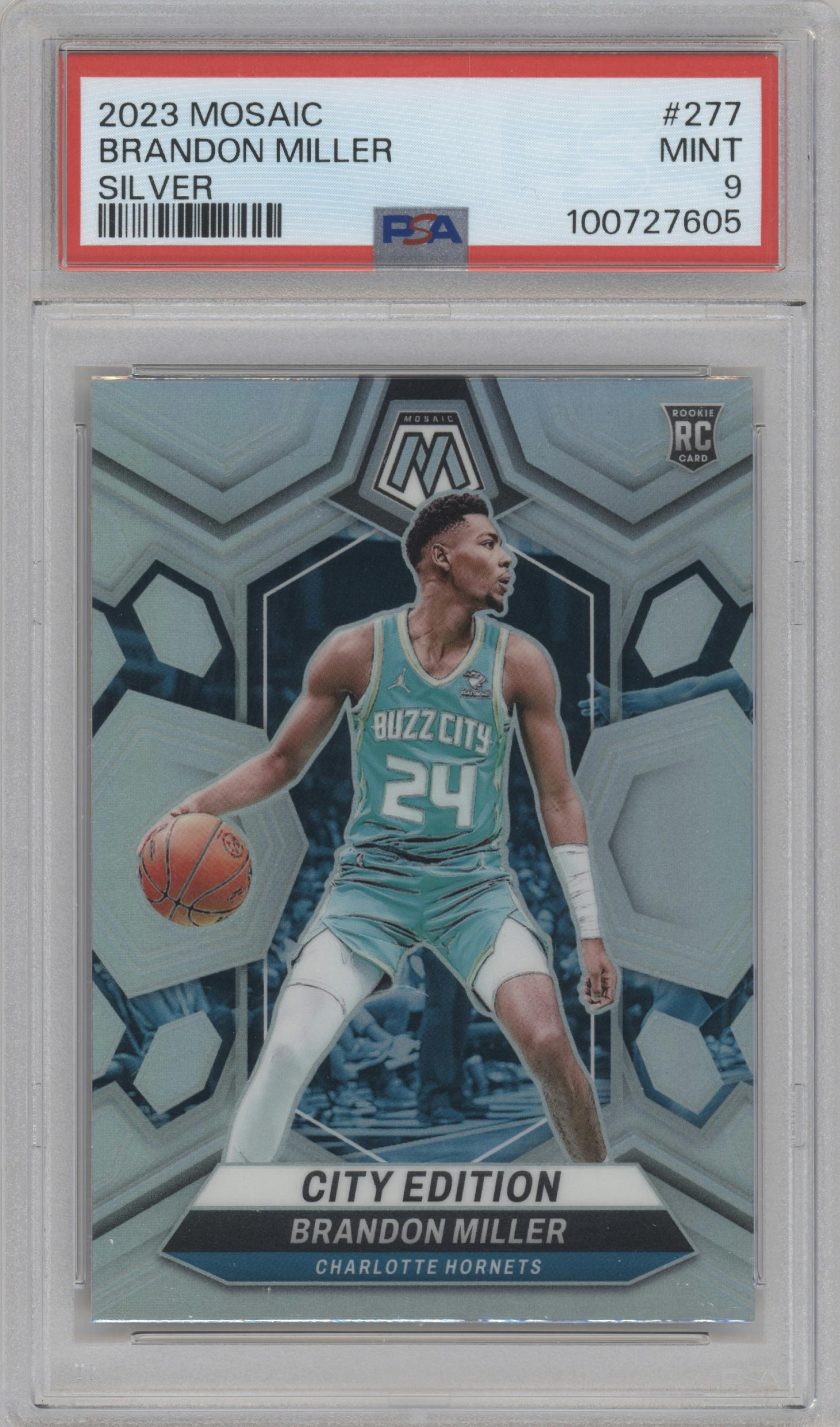 Brandon Miller from the 2023-24 Panini Mosaic set featuring a Silver parallel graded by PSA and given an overall grade of 9.