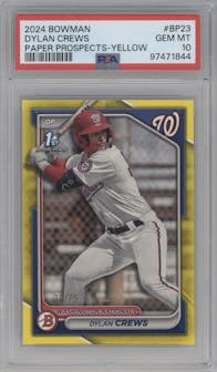 Dylan Crews from the 2024 Bowman set featuring a Yellow parallel graded by PSA and given an overall grade of 10.