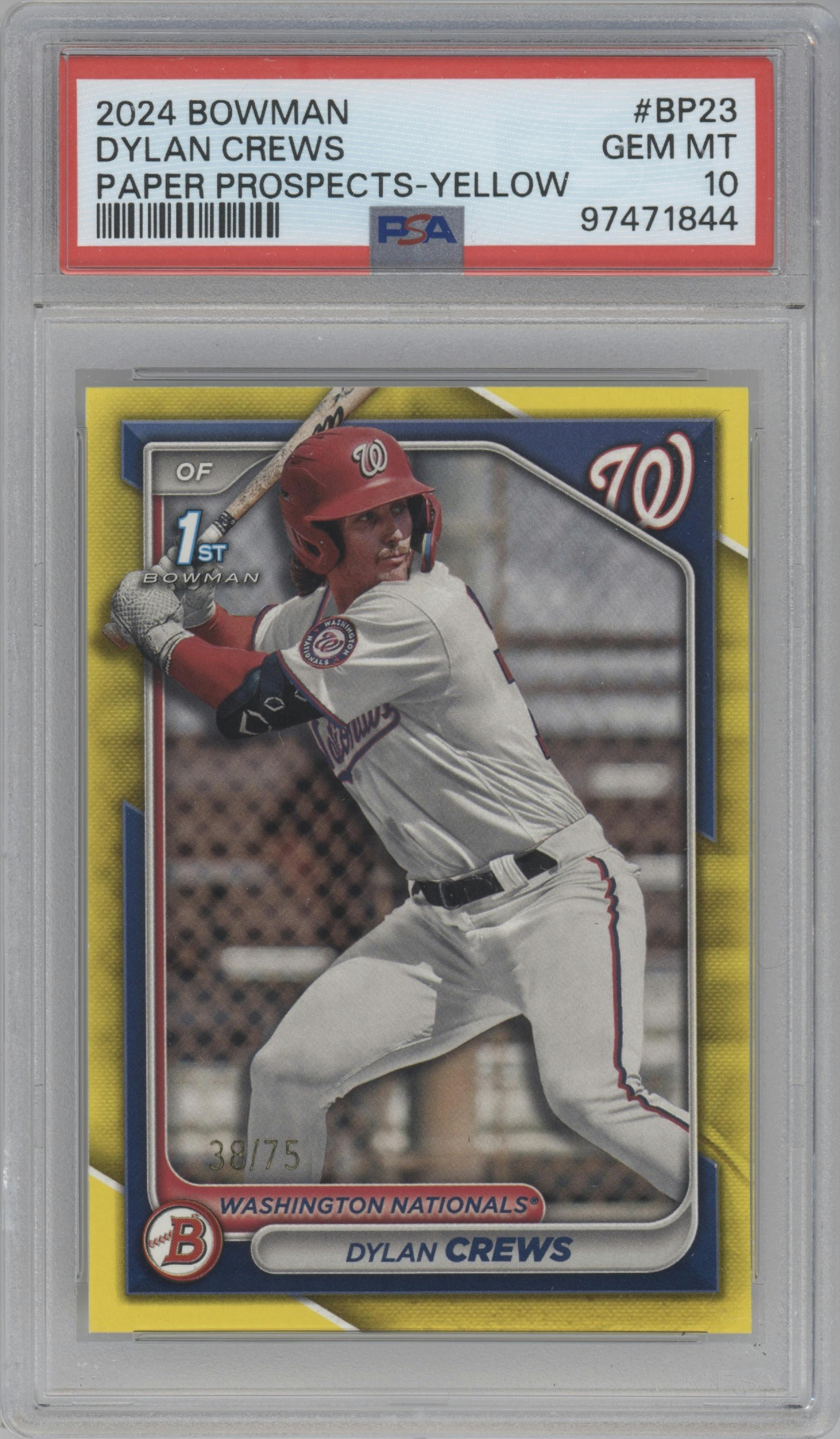Dylan Crews from the 2024 Bowman set featuring a Yellow parallel graded by PSA and given an overall grade of 10.