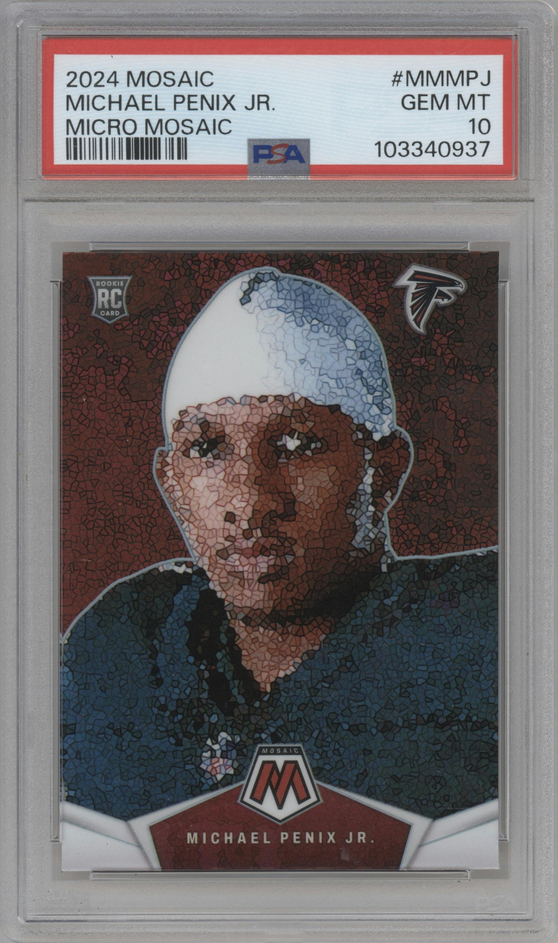 Michael Penix Jr. from the 2024 Panini Mosaic set graded by PSA and given an overall grade of 10.