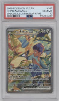 Hop's Zacian ex from the 2025 Pokemon SV set graded by PSA and given an overall grade of 10.