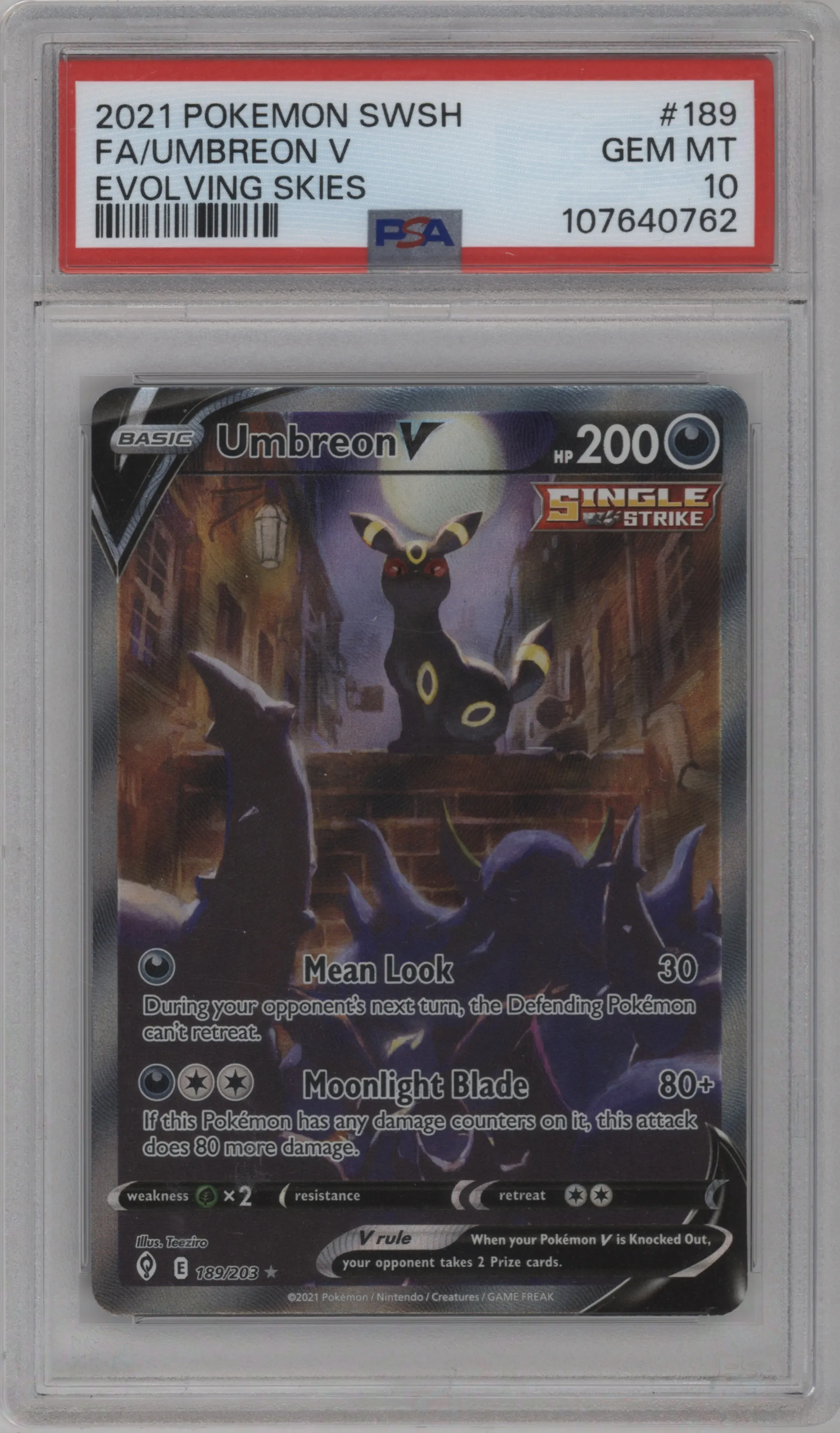 Umbreon V from the 2021 Pokemon SWSH set graded by PSA and given an overall grade of 10.