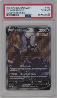 Umbreon V from the 2021 Pokemon SWSH set graded by PSA and given an overall grade of 10.