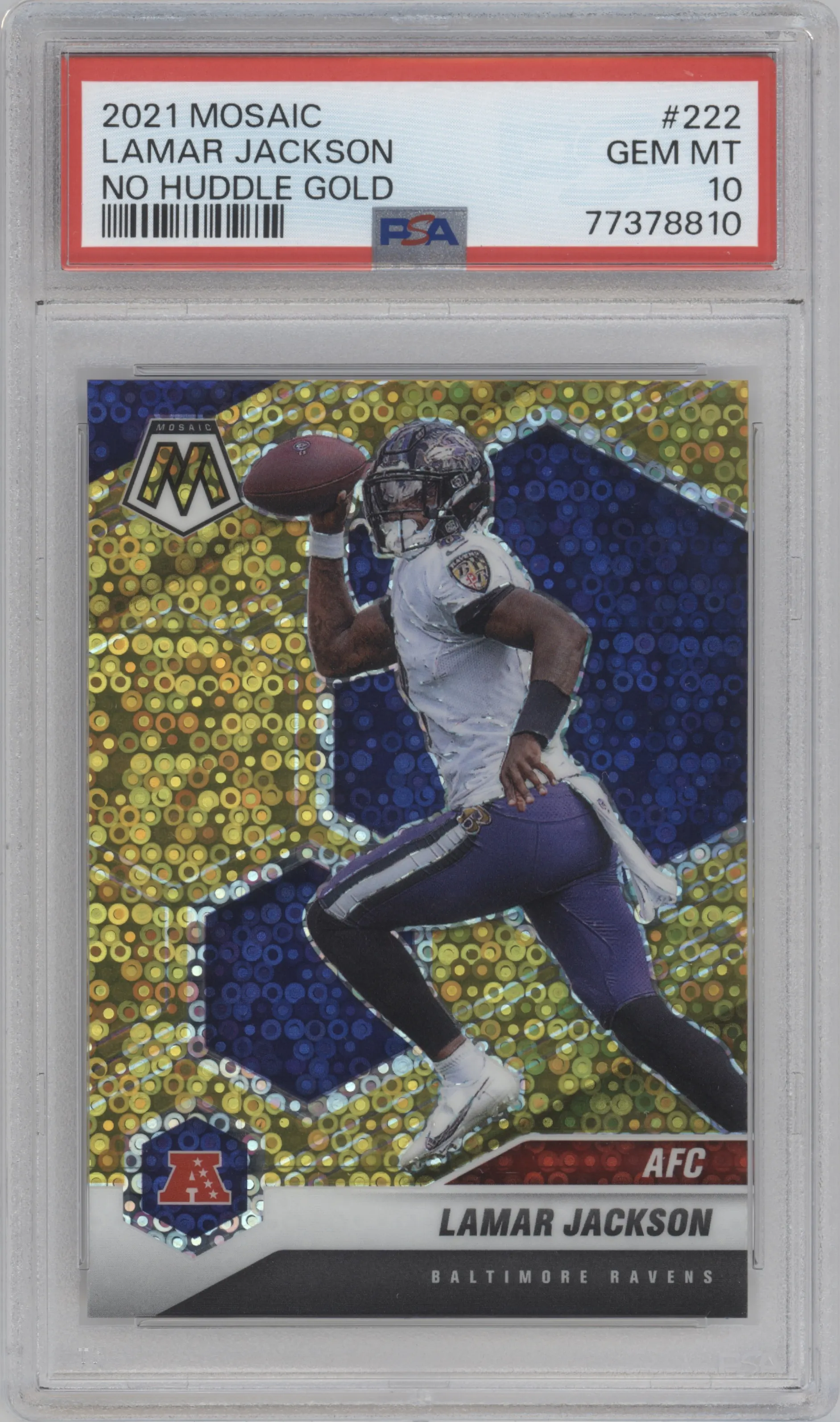 2021 Panini Mosaic Lamar Jackson No Huddle Gold #222 PSA 10