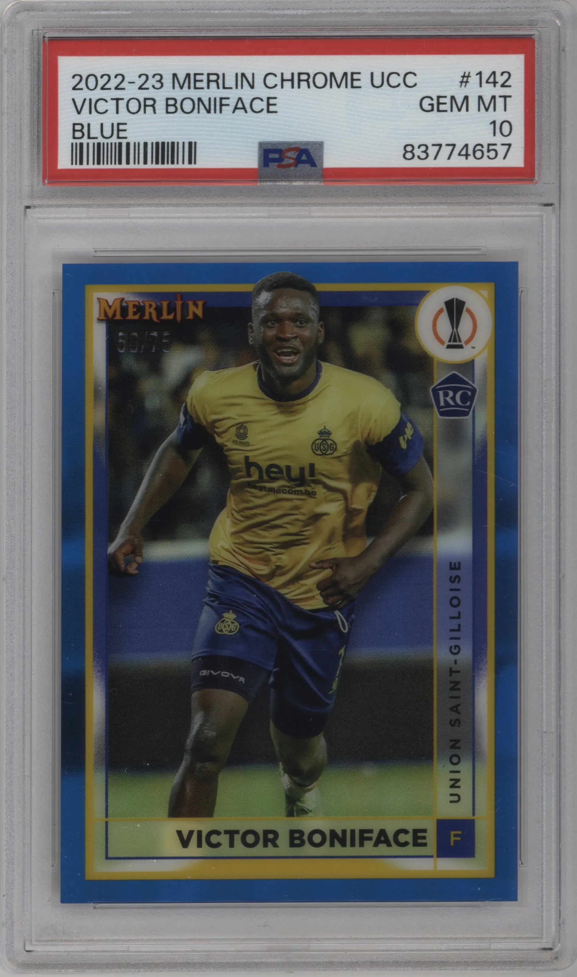 2022 Topps Merlin Chrome UEFA League Victor Boniface Blue Refractor PSA 10