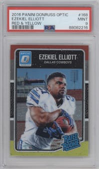 Ezekiel Elliott from the 2016 Panini Donruss Optic set featuring a Red & Yellow parallel graded by PSA and given an overall grade of 9.