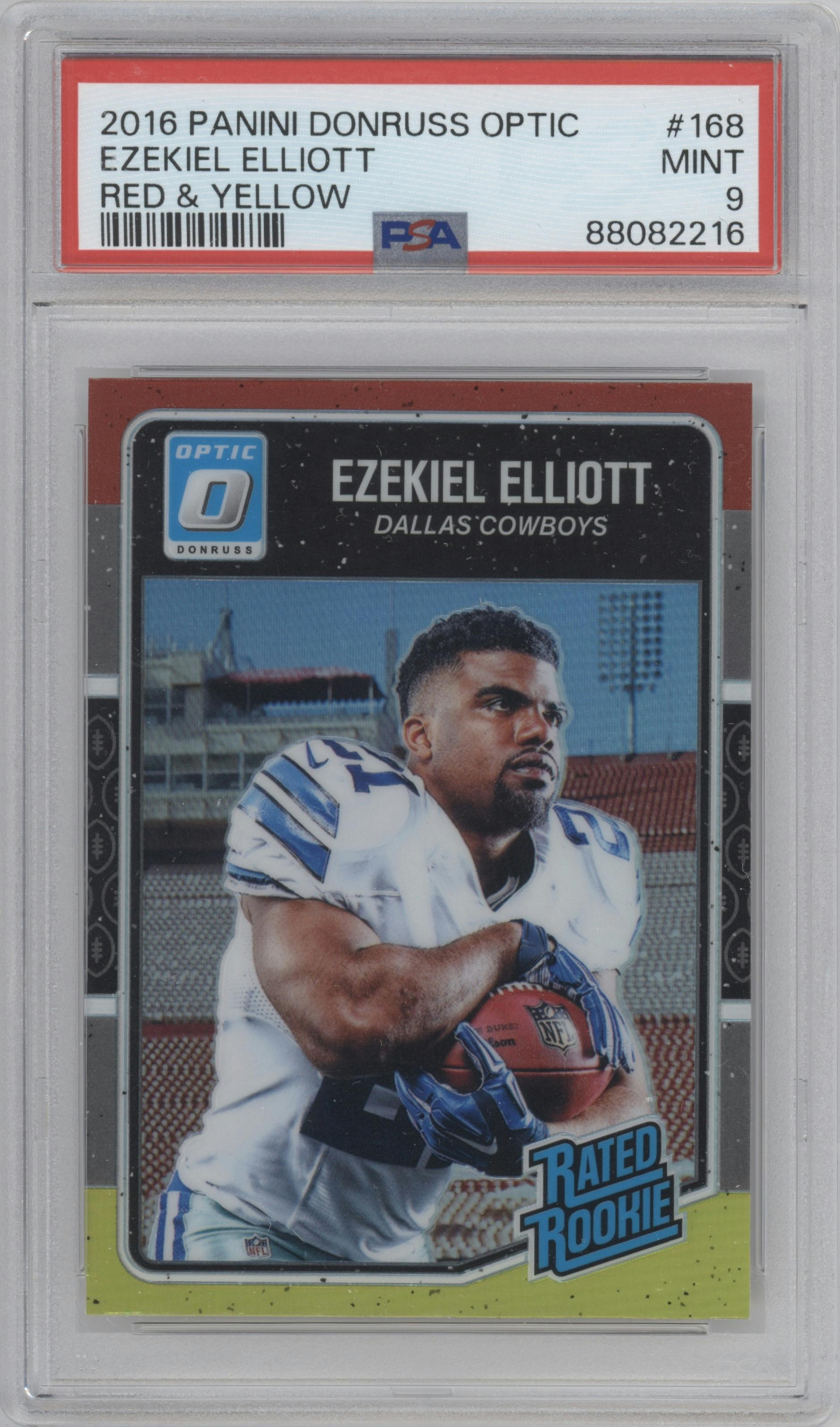 Ezekiel Elliott from the 2016 Panini Donruss Optic set featuring a Red & Yellow parallel graded by PSA and given an overall grade of 9.