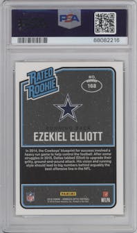 Ezekiel Elliott from the 2016 Panini Donruss Optic set featuring a Red & Yellow parallel graded by PSA and given an overall grade of 9.