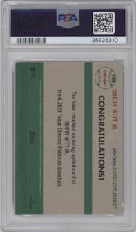 Bobby Witt Jr. from the 2023 Topps Chrome Platinum Anniversary set featuring a Pink Refractor parallel graded by PSA and given an overall grade of 10.