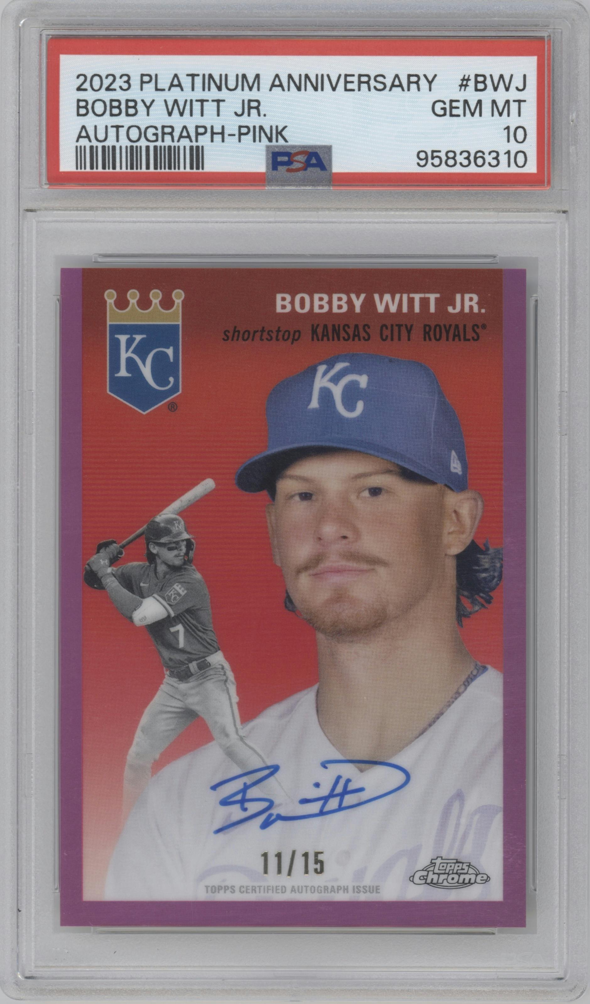 Bobby Witt Jr. from the 2023 Topps Chrome Platinum Anniversary set featuring a Pink Refractor parallel graded by PSA and given an overall grade of 10.