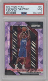 Shai Gilgeous-Alexander from the 2018-19 Panini Prizm set featuring a Purple Ice parallel graded by PSA and given an overall grade of 9.