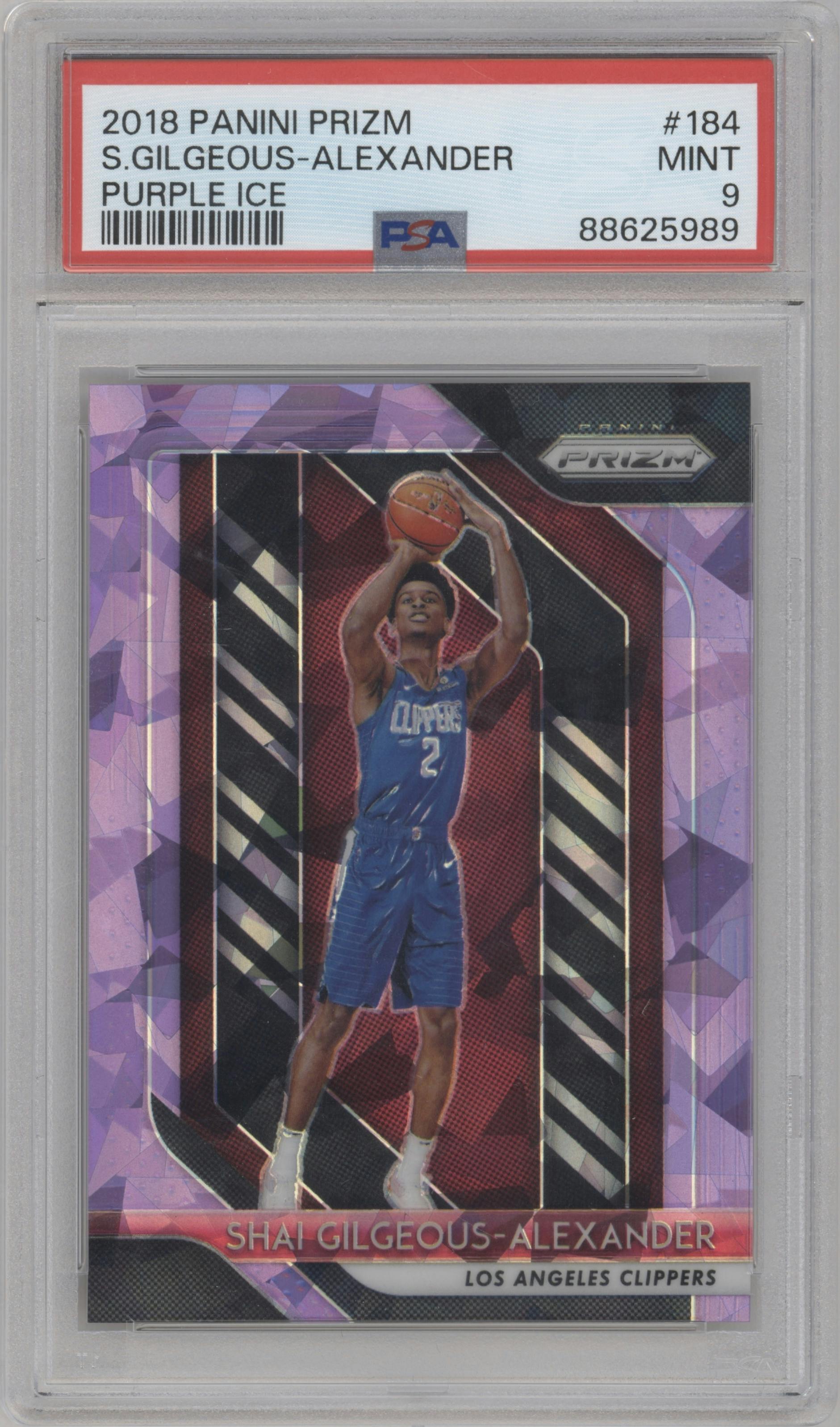 Shai Gilgeous-Alexander from the 2018-19 Panini Prizm set featuring a Purple Ice parallel graded by PSA and given an overall grade of 9.