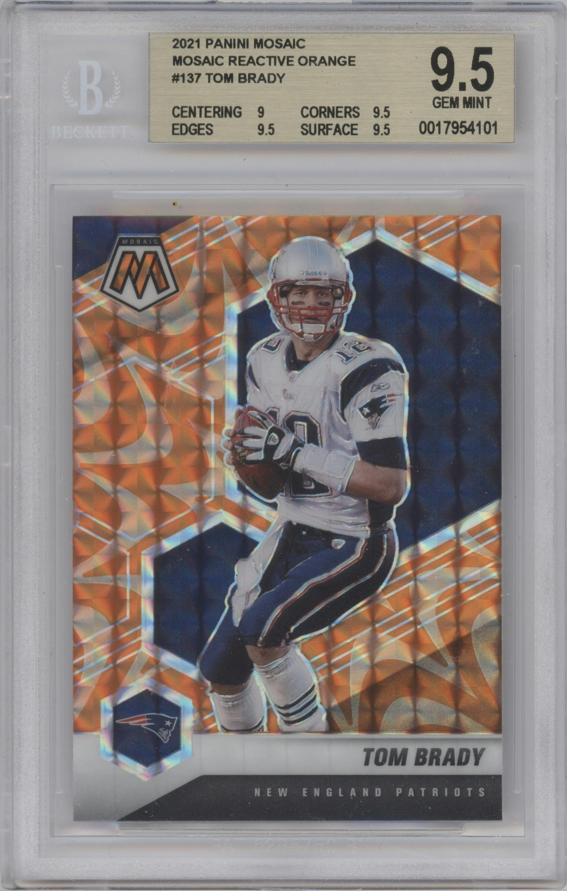 Tom Brady from the 2021 Panini Mosaic set featuring a Reactive Orange parallel graded by Beckett and given an overall grade of 9.5.