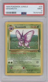 Venomoth from the 1999 Pokemon set graded by PSA and given an overall grade of 9.