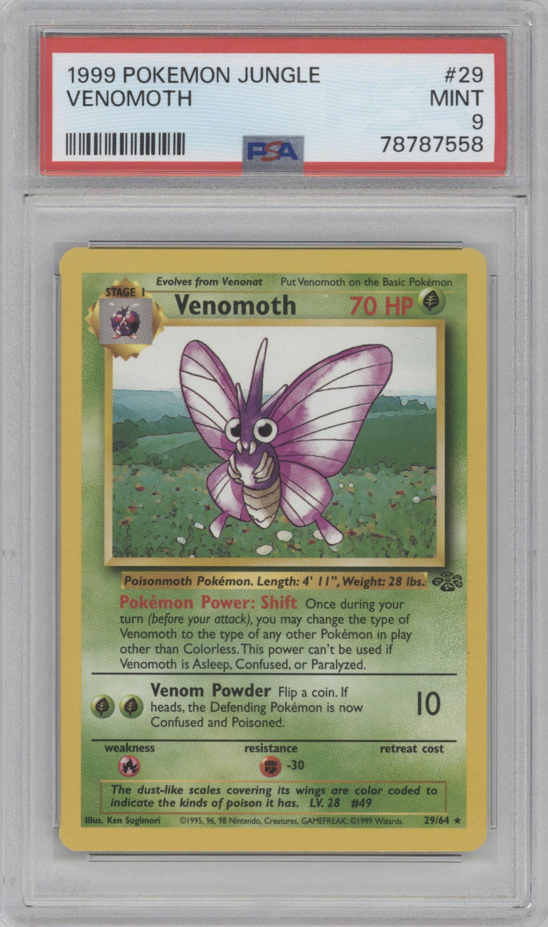 Venomoth from the 1999 Pokemon set graded by PSA and given an overall grade of 9.