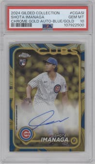 Shota Imanaga from the 2024 Topps Gilded Collection set featuring a Blue/Gold parallel graded by PSA and given an overall grade of 10.