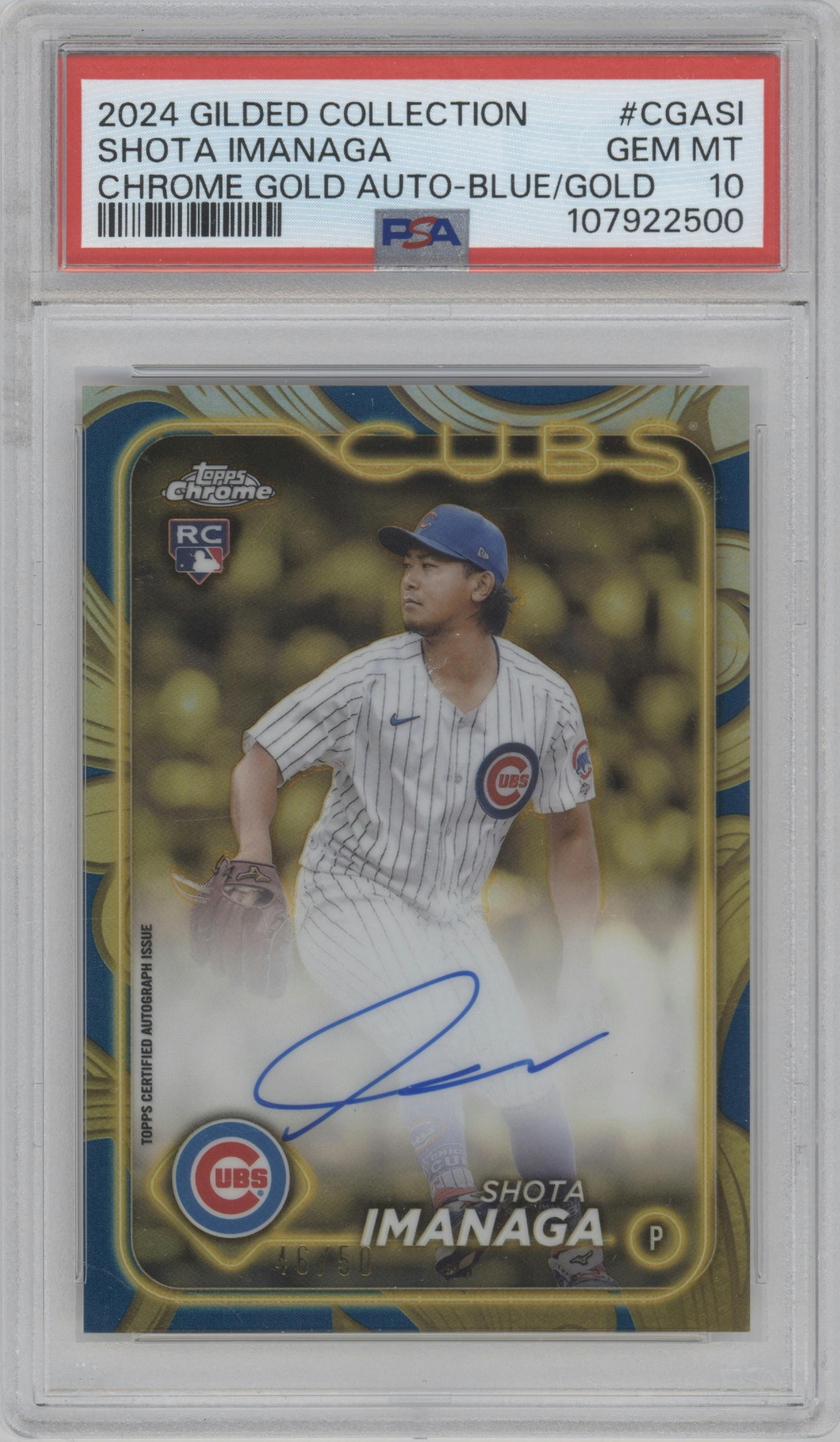 Shota Imanaga from the 2024 Topps Gilded Collection set featuring a Blue/Gold parallel graded by PSA and given an overall grade of 10.