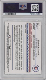 Shota Imanaga from the 2024 Topps Gilded Collection set featuring a Blue/Gold parallel graded by PSA and given an overall grade of 10.