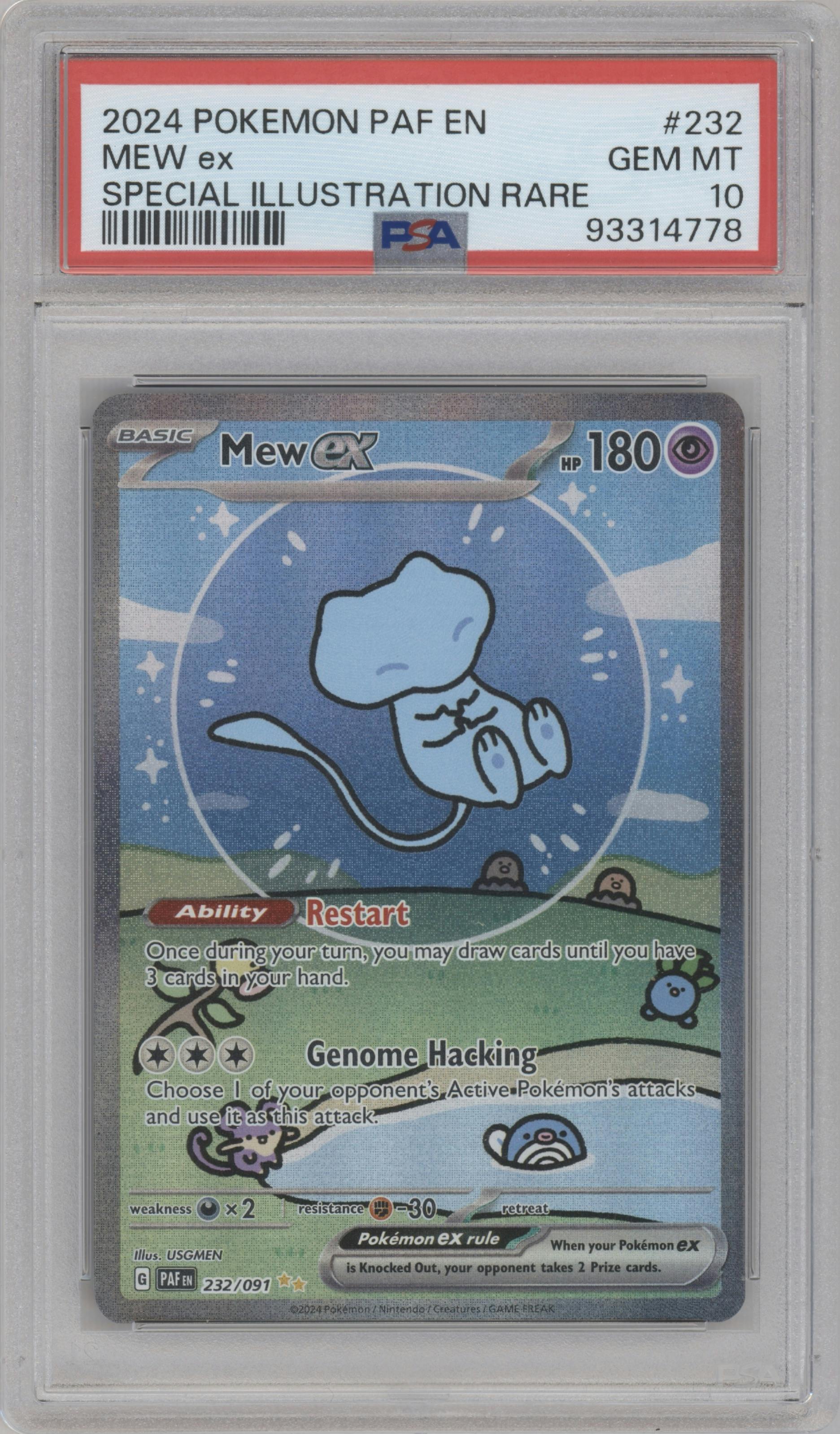 Mew ex from the 2024 Pokemon SV set graded by PSA and given an overall grade of 10.