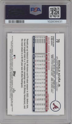 Ronald Acuna Jr. from the 2024 Topps Gilded Collection set featuring a Gold Wave Refractor parallel graded by PSA and given an overall grade of 10.