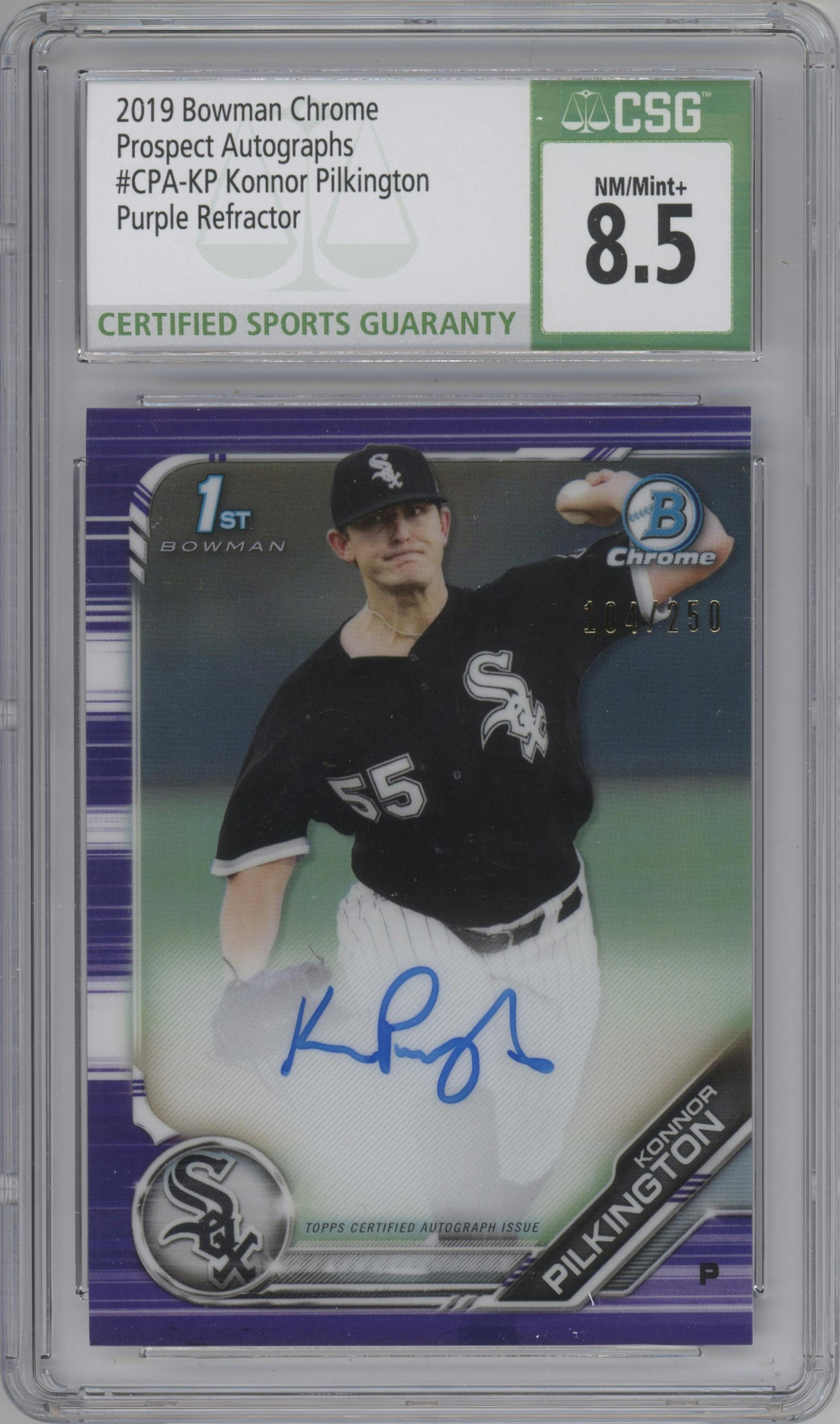 Konnor Pilkington from the 2019 Bowman Chrome set featuring a Purple Refractor parallel graded by CSG and given an overall grade of 8.5.