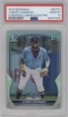 Junior Caminero from the 2023 Bowman  set featuring a Lunar Glow Refractor  parallel graded by PSA and given an overall grade of 10.