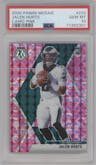 Jalen Hurts from the 2020 Panini Mosaic set featuring a Pink Camo parallel graded by PSA and given an overall grade of 10.