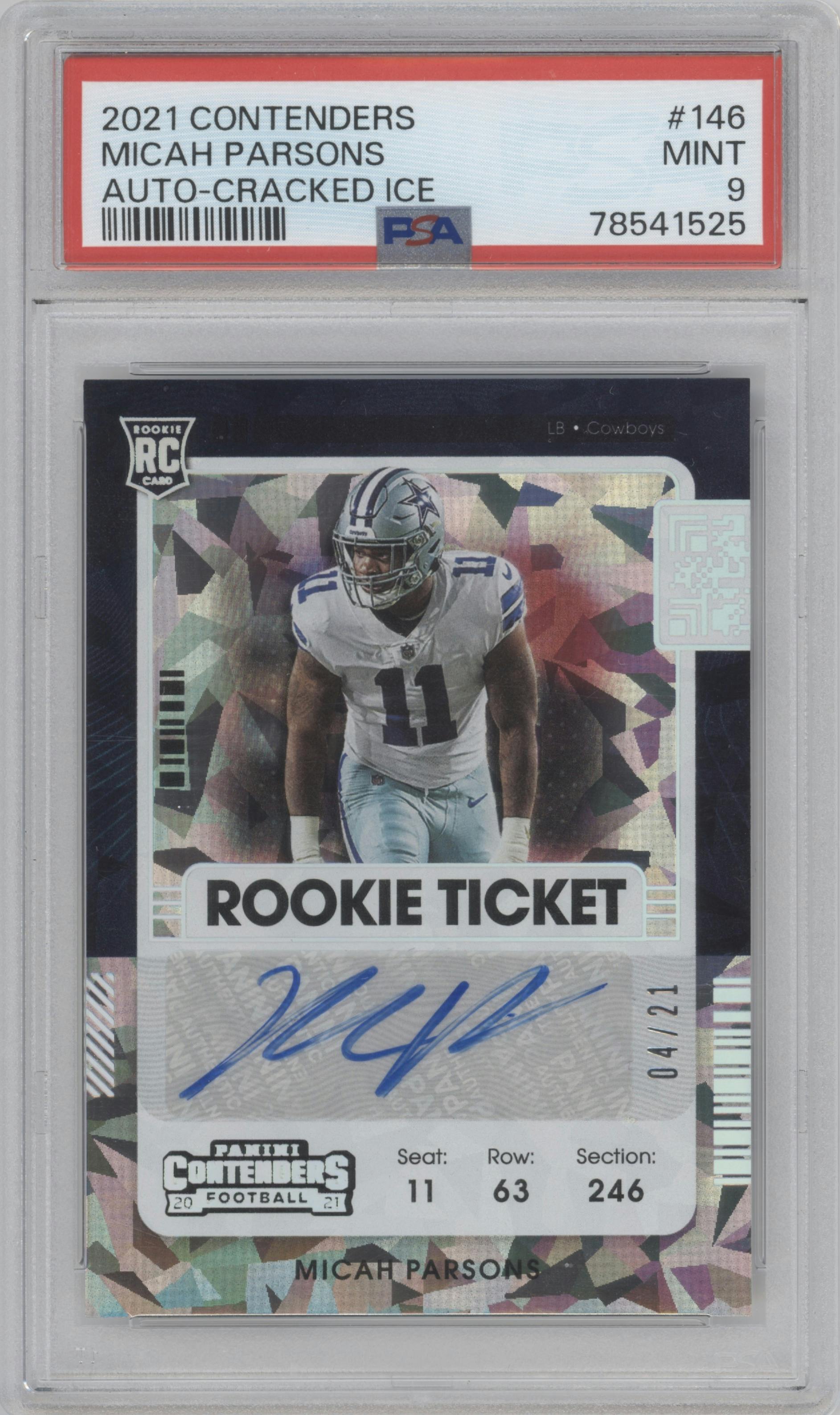 Micah Parsons from the 2021 Panini Contenders   set featuring a Auto Cracked Ice parallel graded by PSA and given an overall grade of 9.